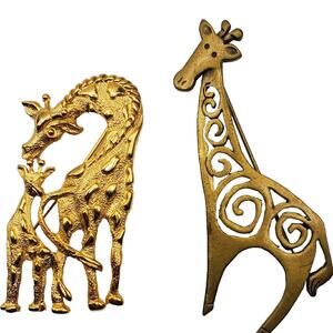2 Gold Tone Giraffe Brooch Signed JJ & Casual Corner Pin Animal Figural Jonette